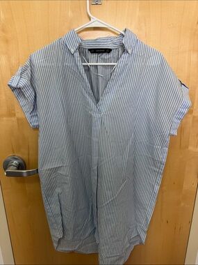 Zara Blue and White Vertical Stripe Casual Button-Down Shirt